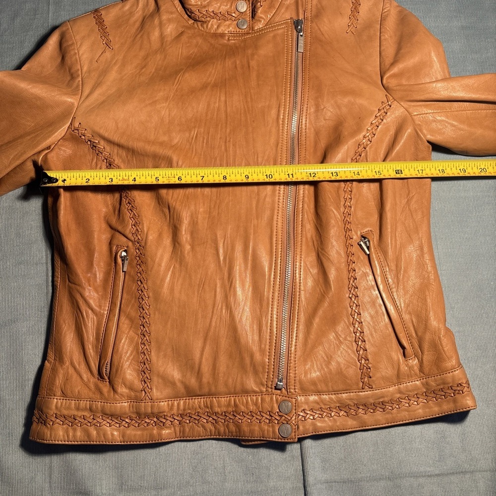 Cole Haan Collection Tan Lambskin Leather Whipstitch Moto Jacket Womens Medium - Picture 14 of 16